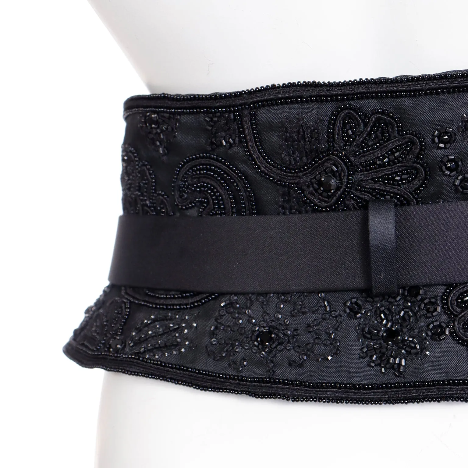 1990s Oscar de la Renta Wide Black Beaded Belt w Satin Trim & Buckle