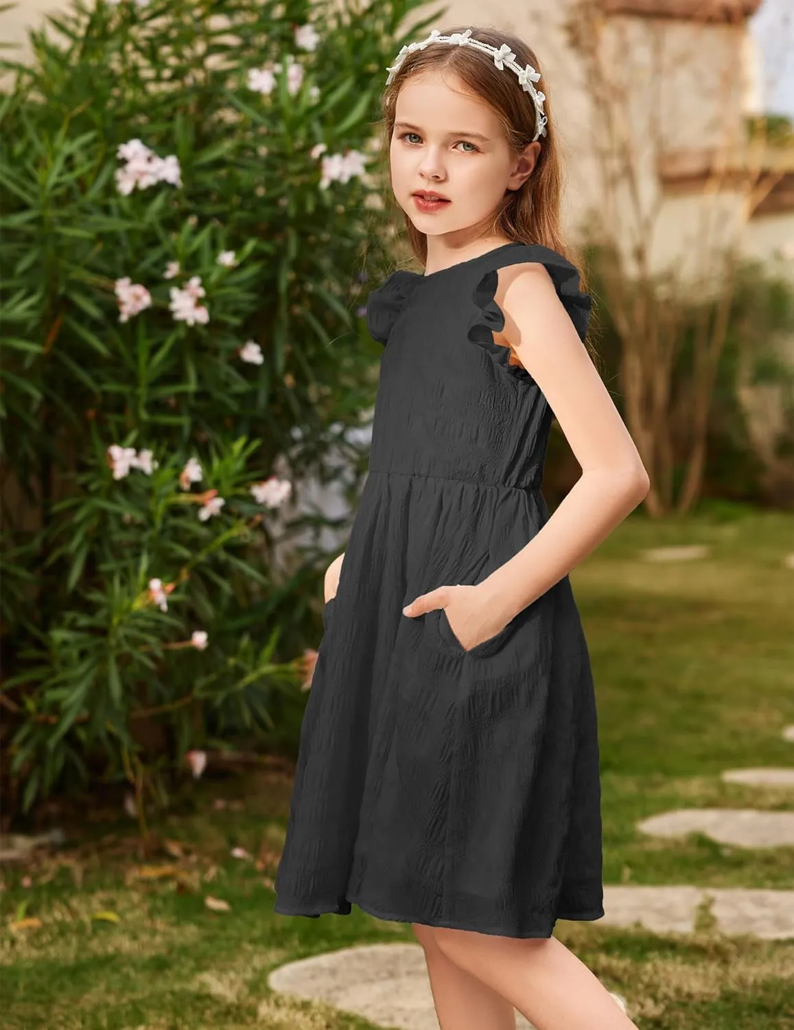 Arshiner Girls Dress Casual Ruffle Sleeveless A Line Summer Dresses