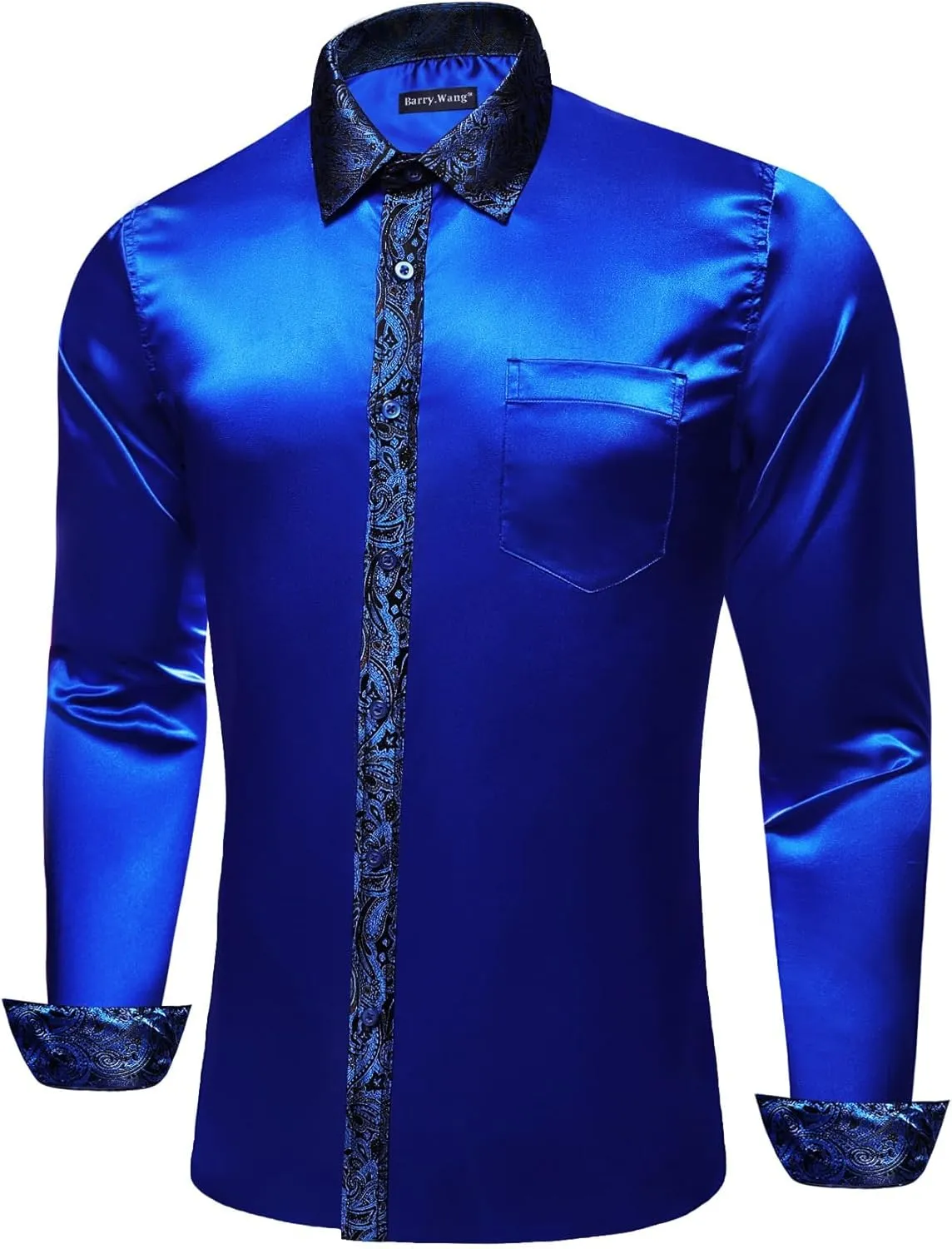 Barry.Wang Mens Satin Silk Shirts Long Sleeve Designer Dress Shirt Shiny Untucked Casual Button Down Shirt Party Disco Formal