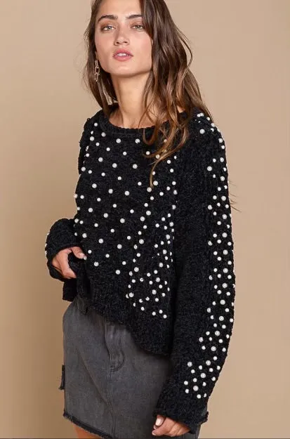 Black Magic Pearl Beaded Velvet Chenille Sweater