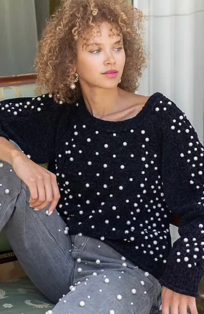 Black Magic Pearl Beaded Velvet Chenille Sweater
