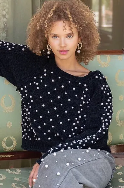 Black Magic Pearl Beaded Velvet Chenille Sweater