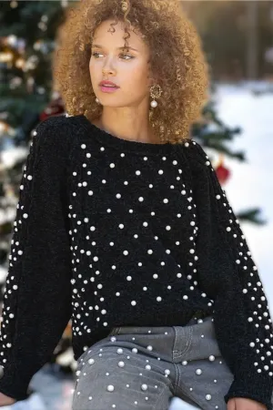 Black Magic Pearl Beaded Velvet Chenille Sweater