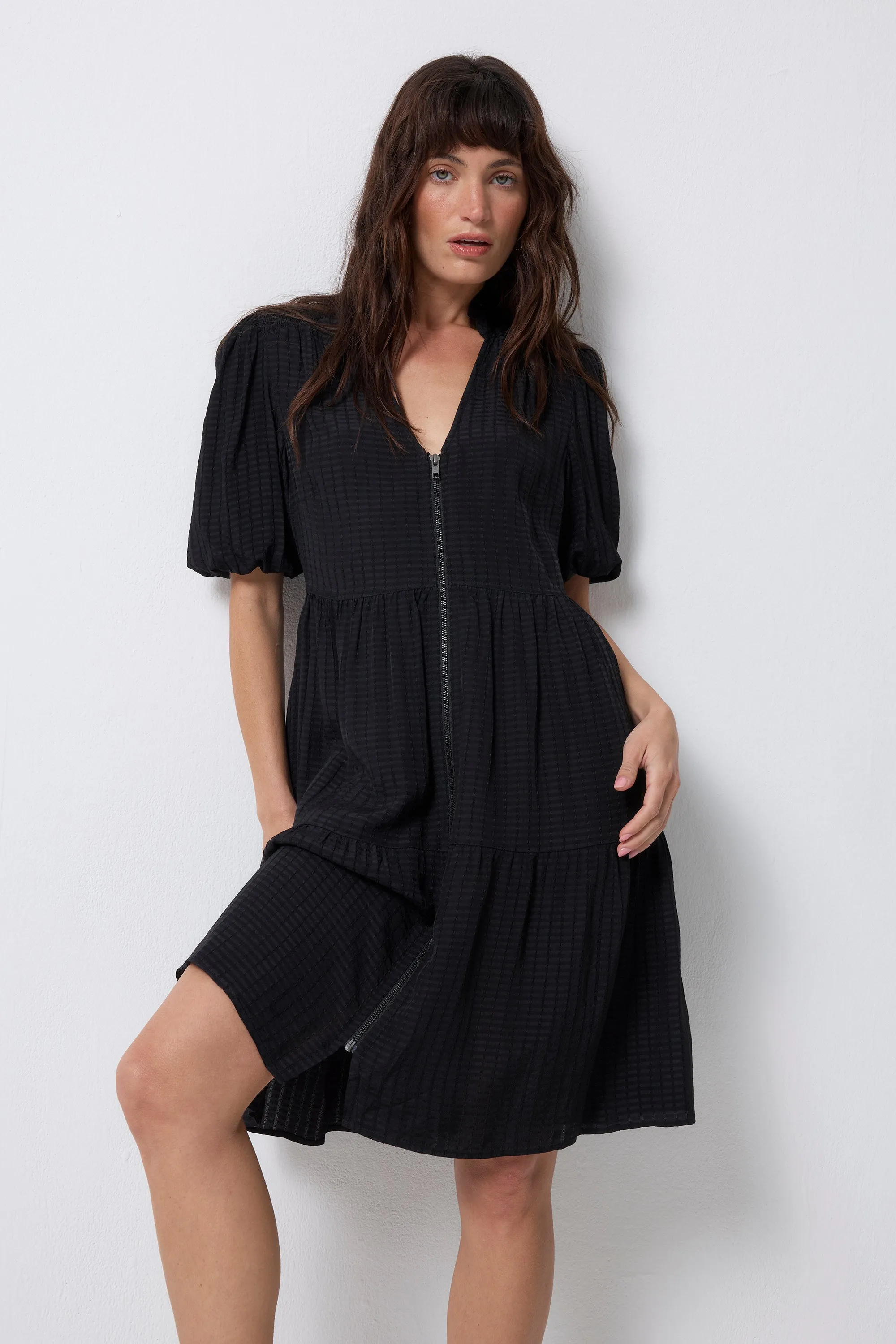 Black Textured Zip Detail Tiered Short Dress