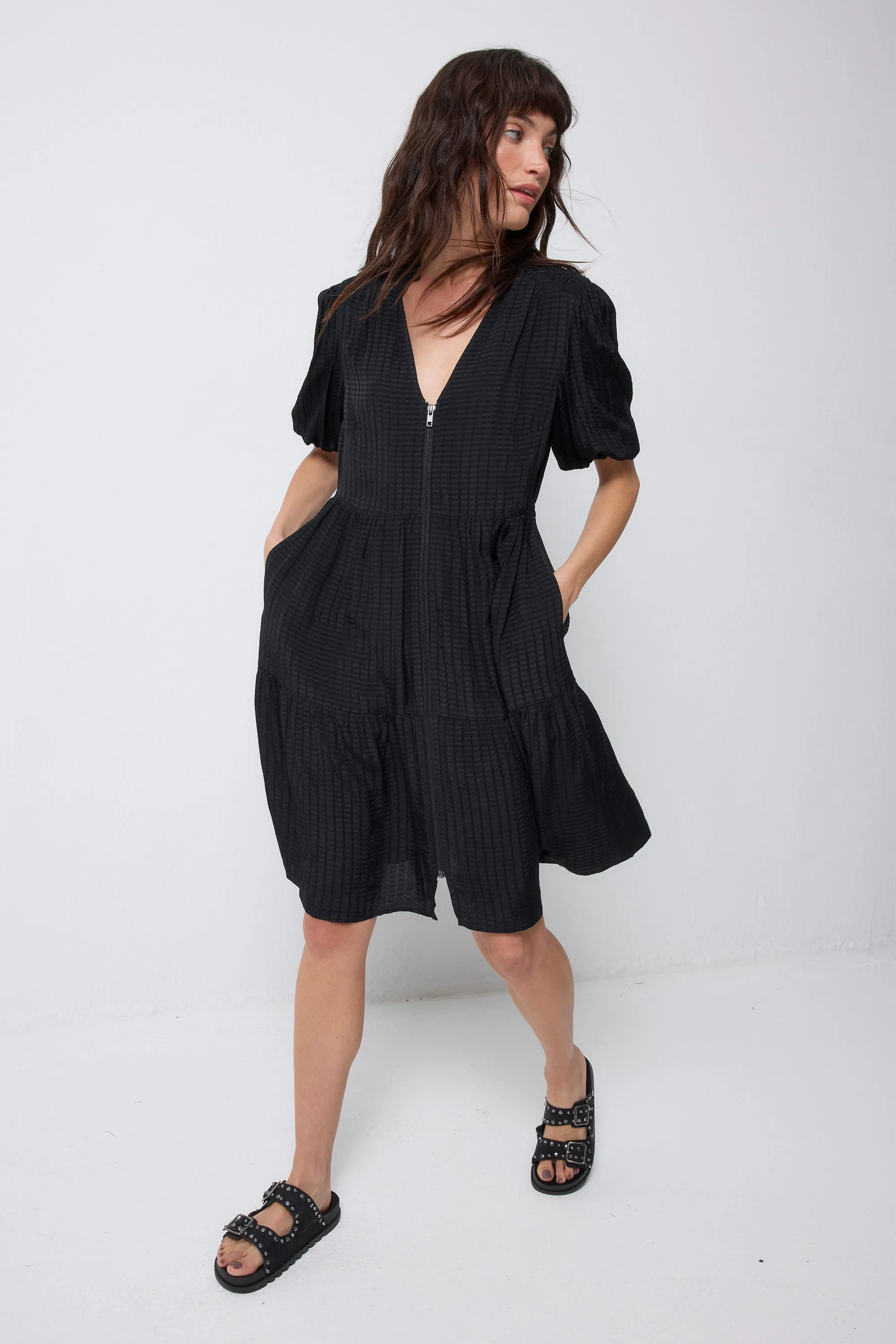 Black Textured Zip Detail Tiered Short Dress