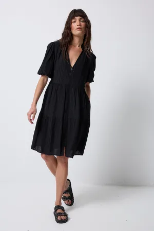 Black Textured Zip Detail Tiered Short Dress
