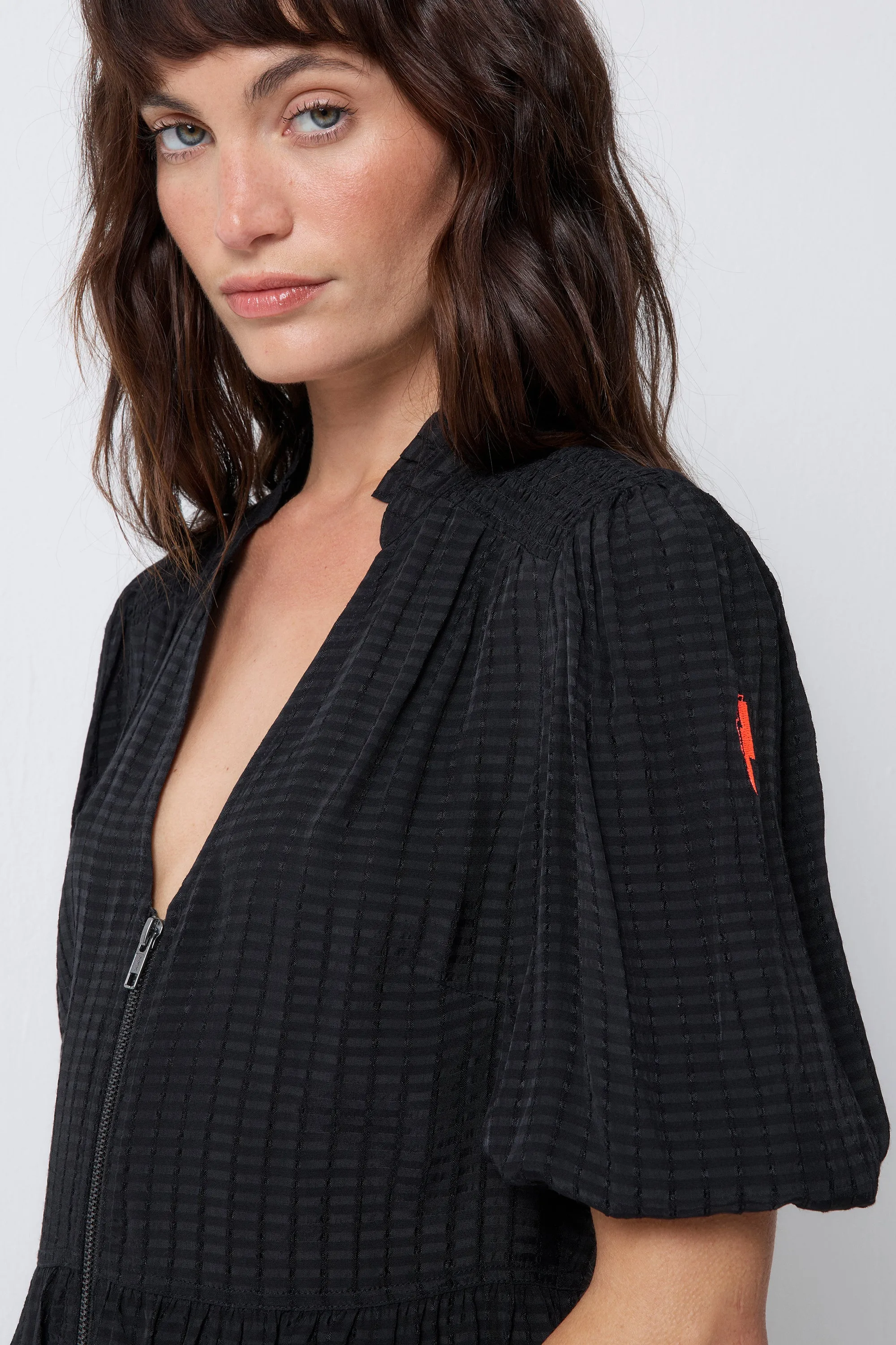 Black Textured Zip Detail Tiered Short Dress