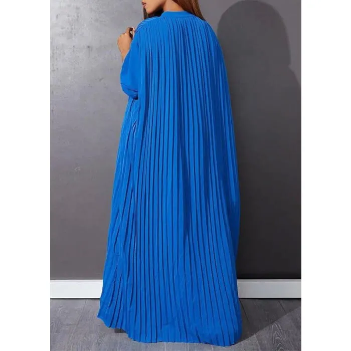 Blue O-Neck Button Vacation Maxi Dresses Long Sleeve VB1037