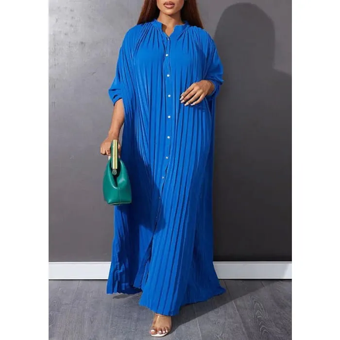 Blue O-Neck Button Vacation Maxi Dresses Long Sleeve VB1037