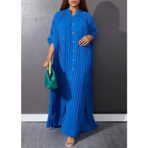 Blue O-Neck Button Vacation Maxi Dresses Long Sleeve VB1037