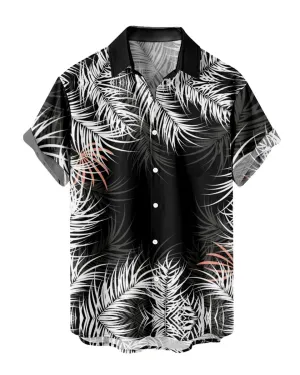 Classic Black and White Aloha Shirt Tropical Palm Leaves