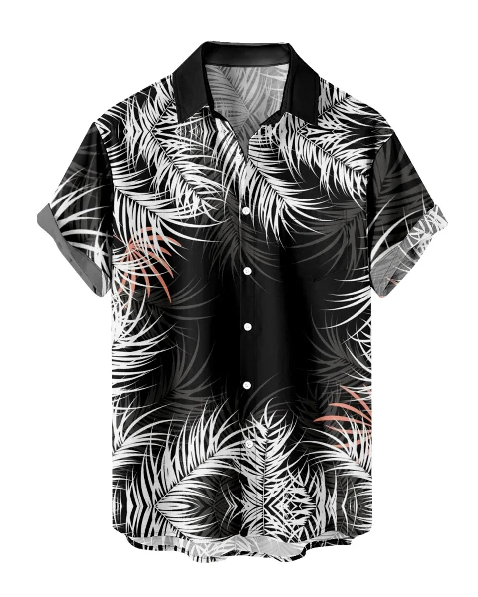 Classic Black and White Aloha Shirt Tropical Palm Leaves