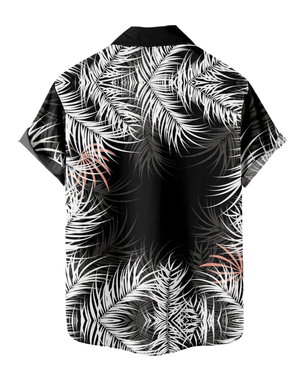 Classic Black and White Aloha Shirt Tropical Palm Leaves
