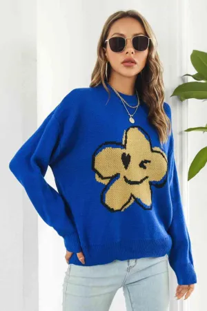 Cute And Warm Knit Crew Neck Flower Sweater