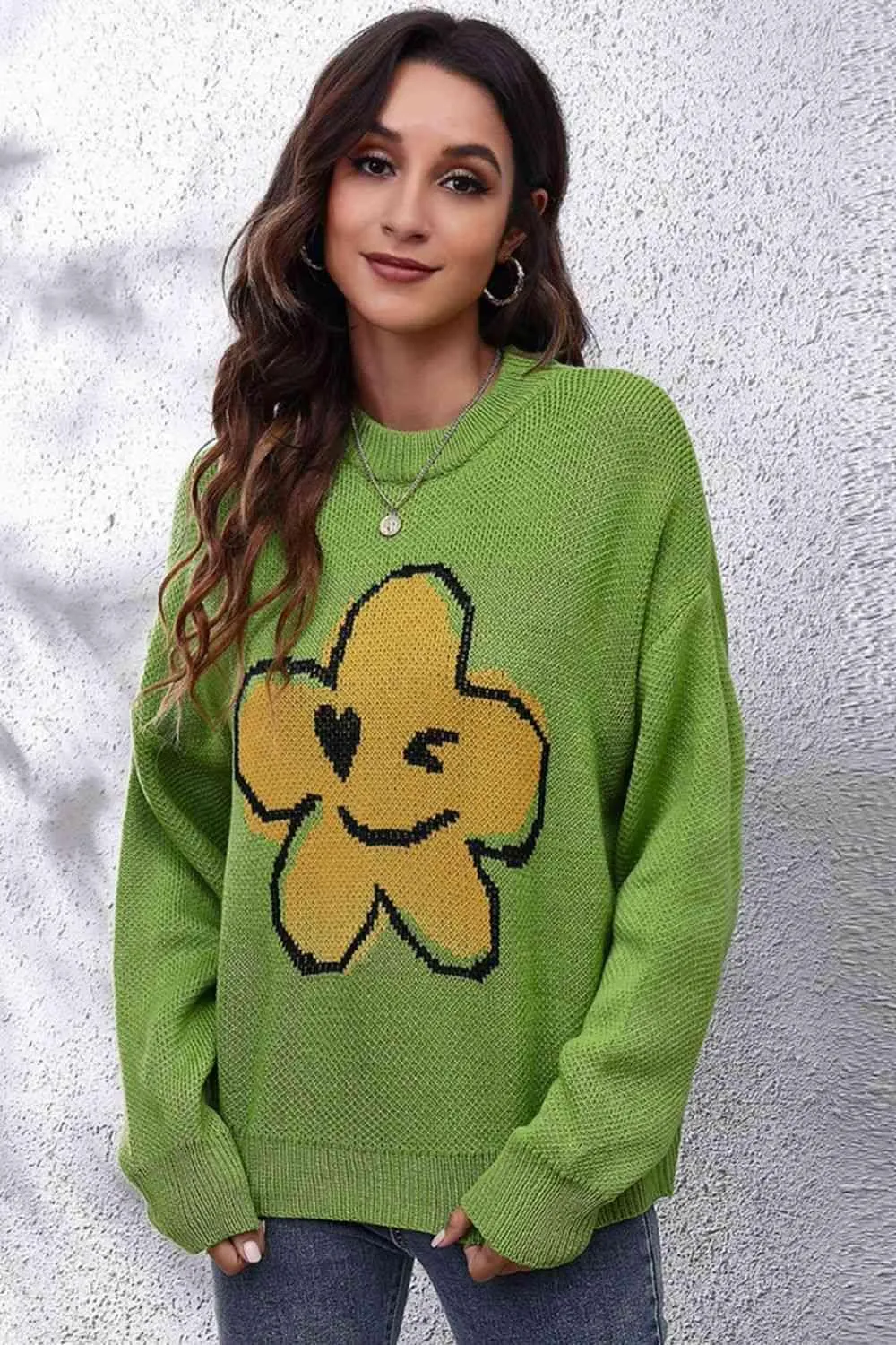 Cute And Warm Knit Crew Neck Flower Sweater