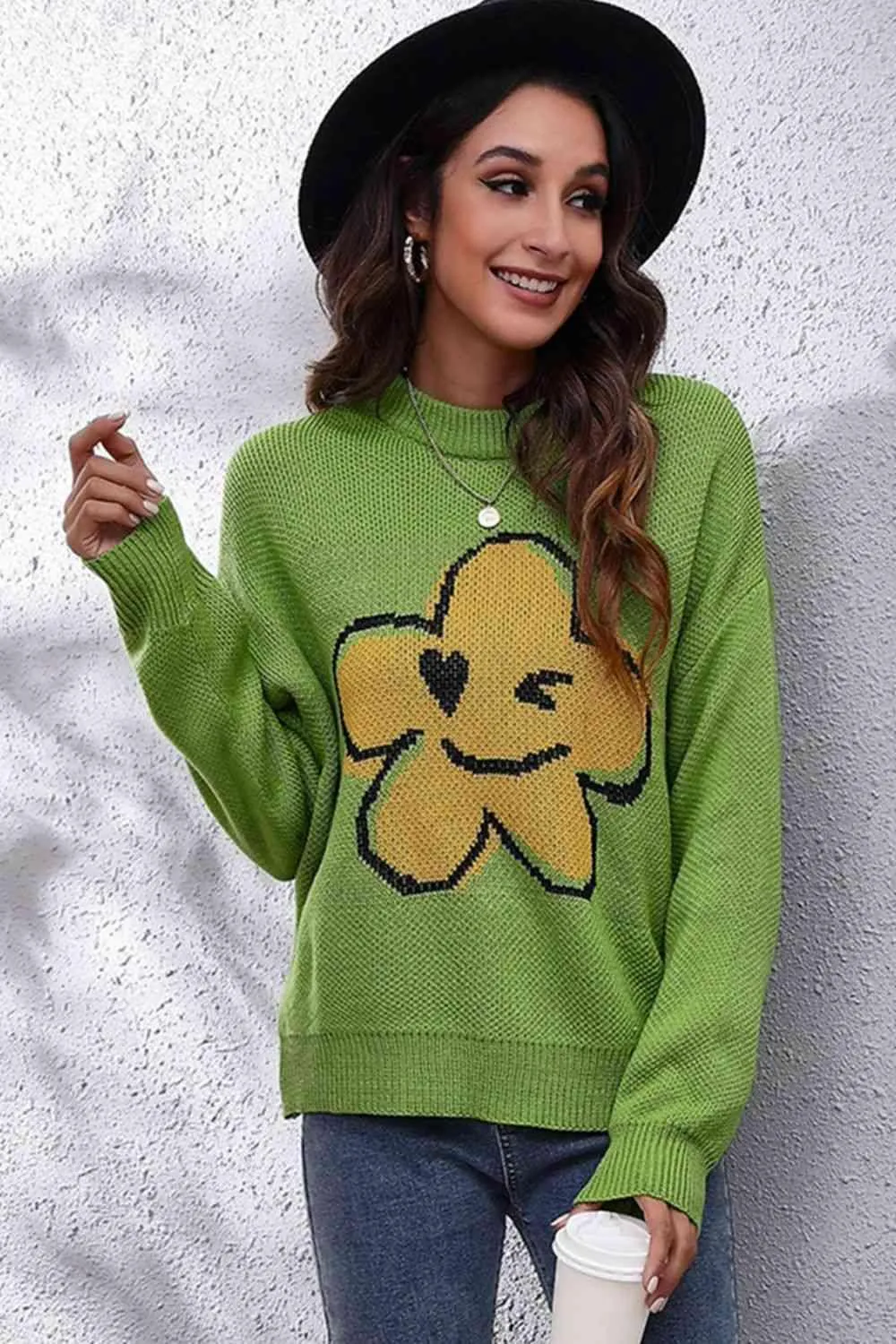 Cute And Warm Knit Crew Neck Flower Sweater