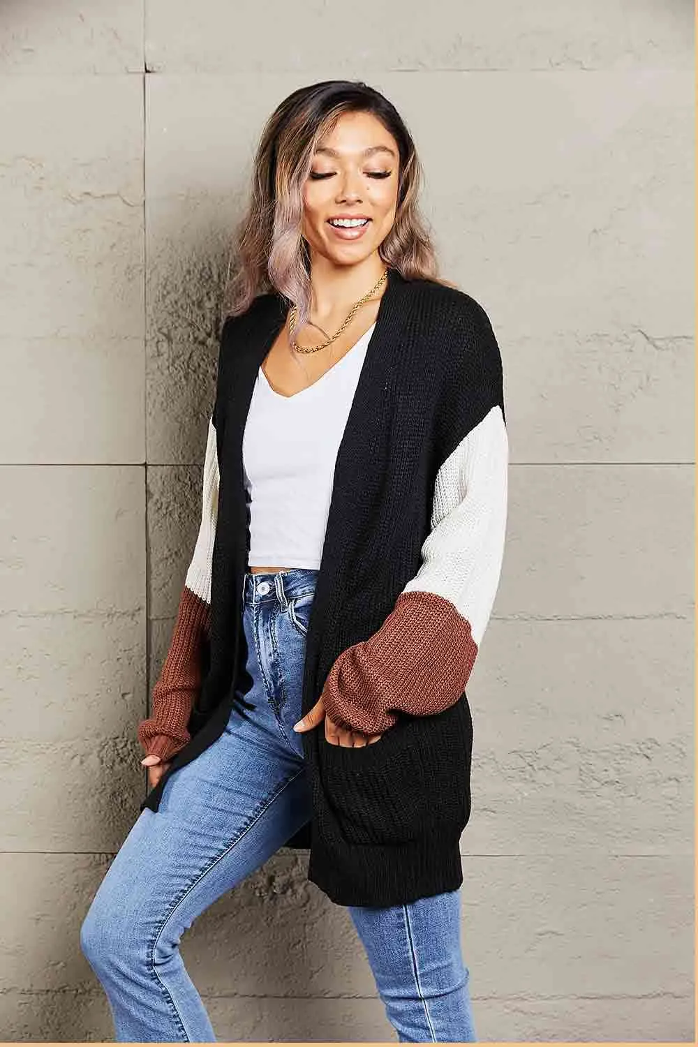 Double Take Tricolor Dropped Shoulder Cardigan with Pockets
