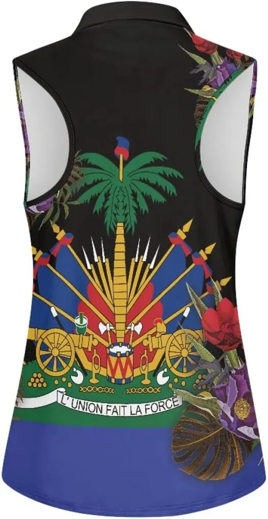 ENLACHIC Womens Golf Shirts Polynesian Haitian Flag Print Sleeveless Tank Tops Racerback Collared Quick Dry Polo Shirts
