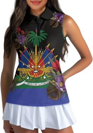 ENLACHIC Womens Golf Shirts Polynesian Haitian Flag Print Sleeveless Tank Tops Racerback Collared Quick Dry Polo Shirts