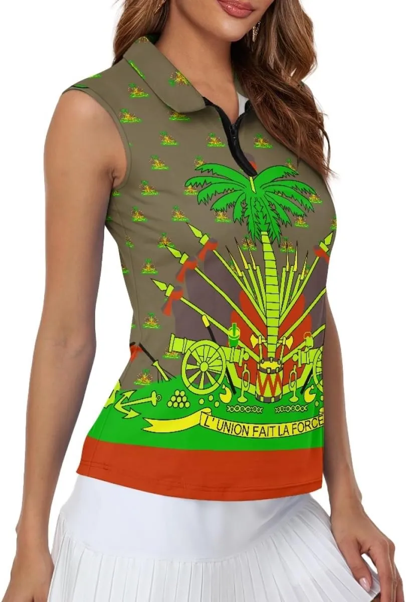 ENLACHIC Womens Golf Shirts Polynesian Haitian Flag Print Sleeveless Tank Tops Racerback Collared Quick Dry Polo Shirts