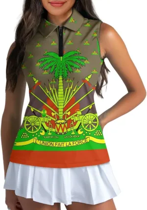 ENLACHIC Womens Golf Shirts Polynesian Haitian Flag Print Sleeveless Tank Tops Racerback Collared Quick Dry Polo Shirts