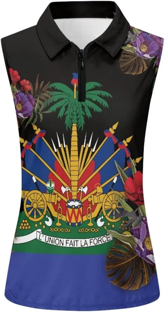 ENLACHIC Womens Golf Shirts Polynesian Haitian Flag Print Sleeveless Tank Tops Racerback Collared Quick Dry Polo Shirts