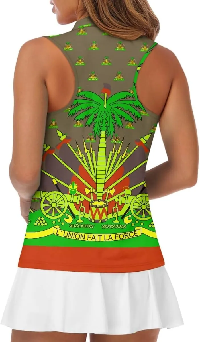 ENLACHIC Womens Golf Shirts Polynesian Haitian Flag Print Sleeveless Tank Tops Racerback Collared Quick Dry Polo Shirts