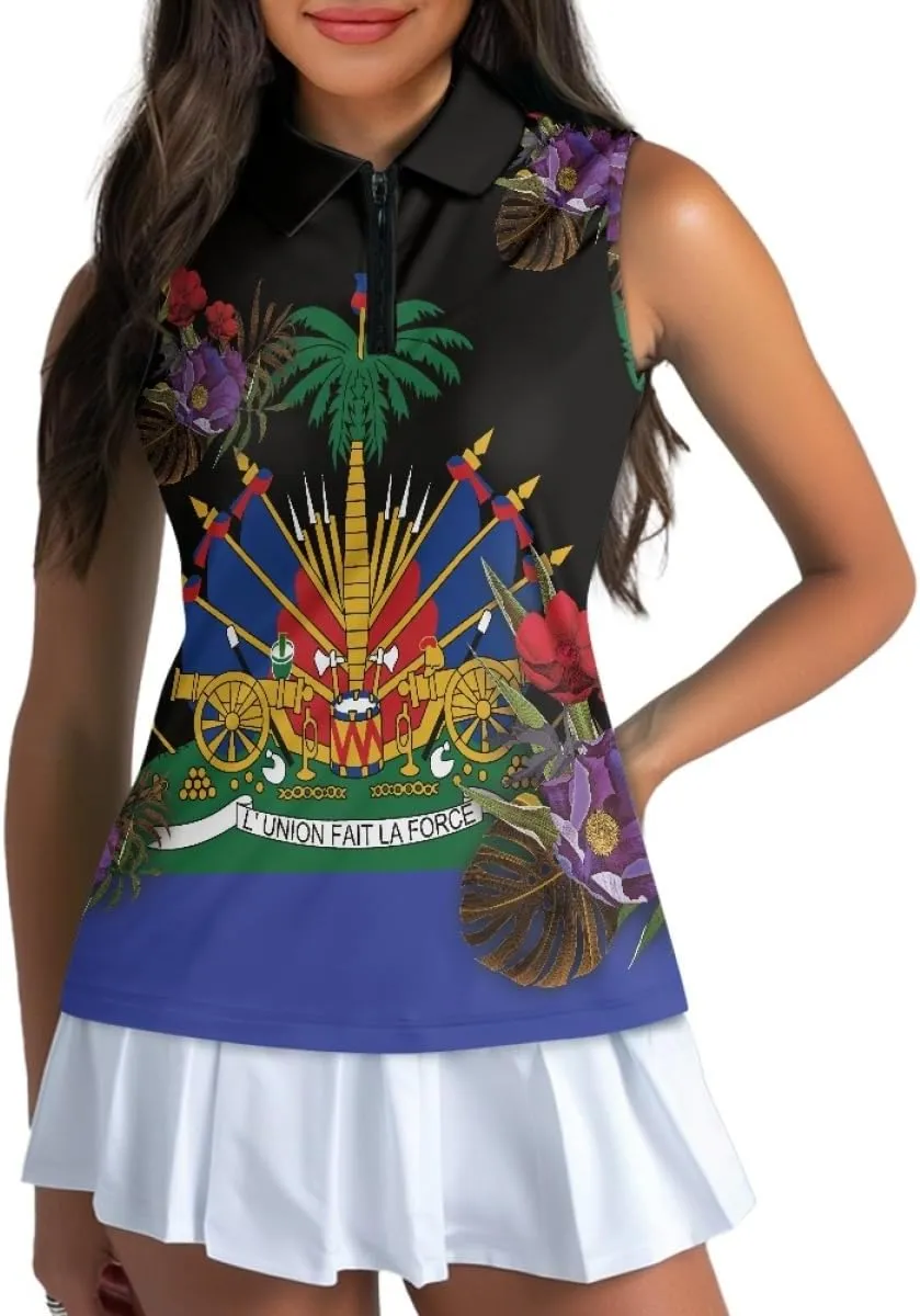 ENLACHIC Womens Golf Shirts Polynesian Haitian Flag Print Sleeveless Tank Tops Racerback Collared Quick Dry Polo Shirts