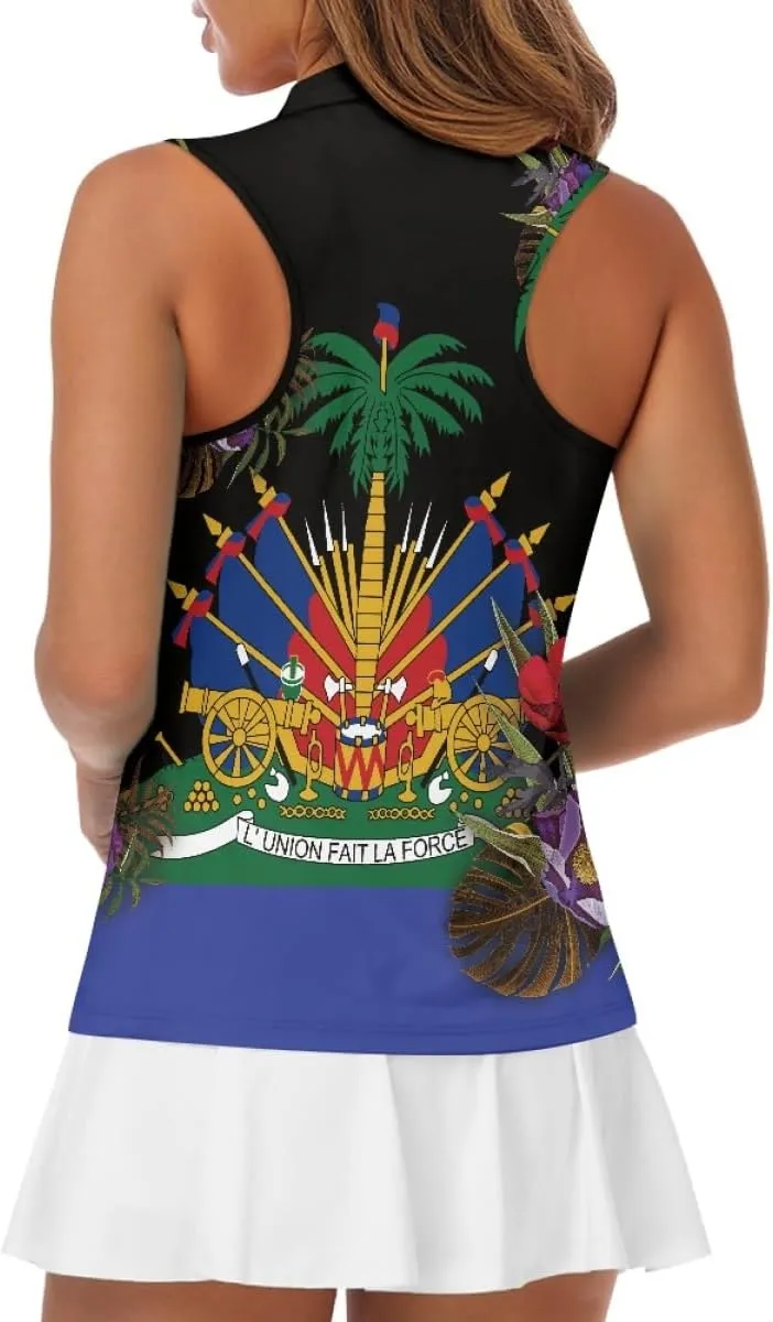 ENLACHIC Womens Golf Shirts Polynesian Haitian Flag Print Sleeveless Tank Tops Racerback Collared Quick Dry Polo Shirts