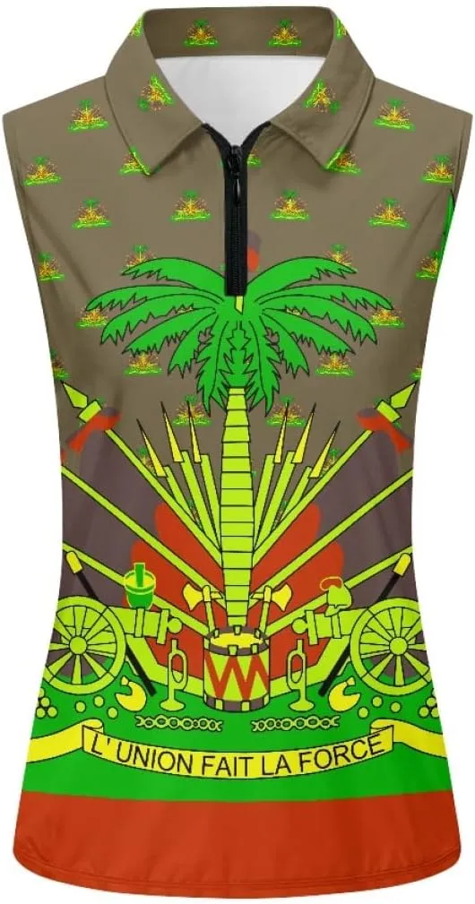 ENLACHIC Womens Golf Shirts Polynesian Haitian Flag Print Sleeveless Tank Tops Racerback Collared Quick Dry Polo Shirts