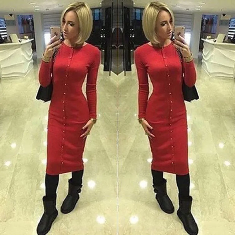 Fashion Button Decorate Long Sleeve Pure Color Long Knit Dress