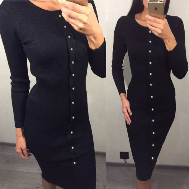 Fashion Button Decorate Long Sleeve Pure Color Long Knit Dress