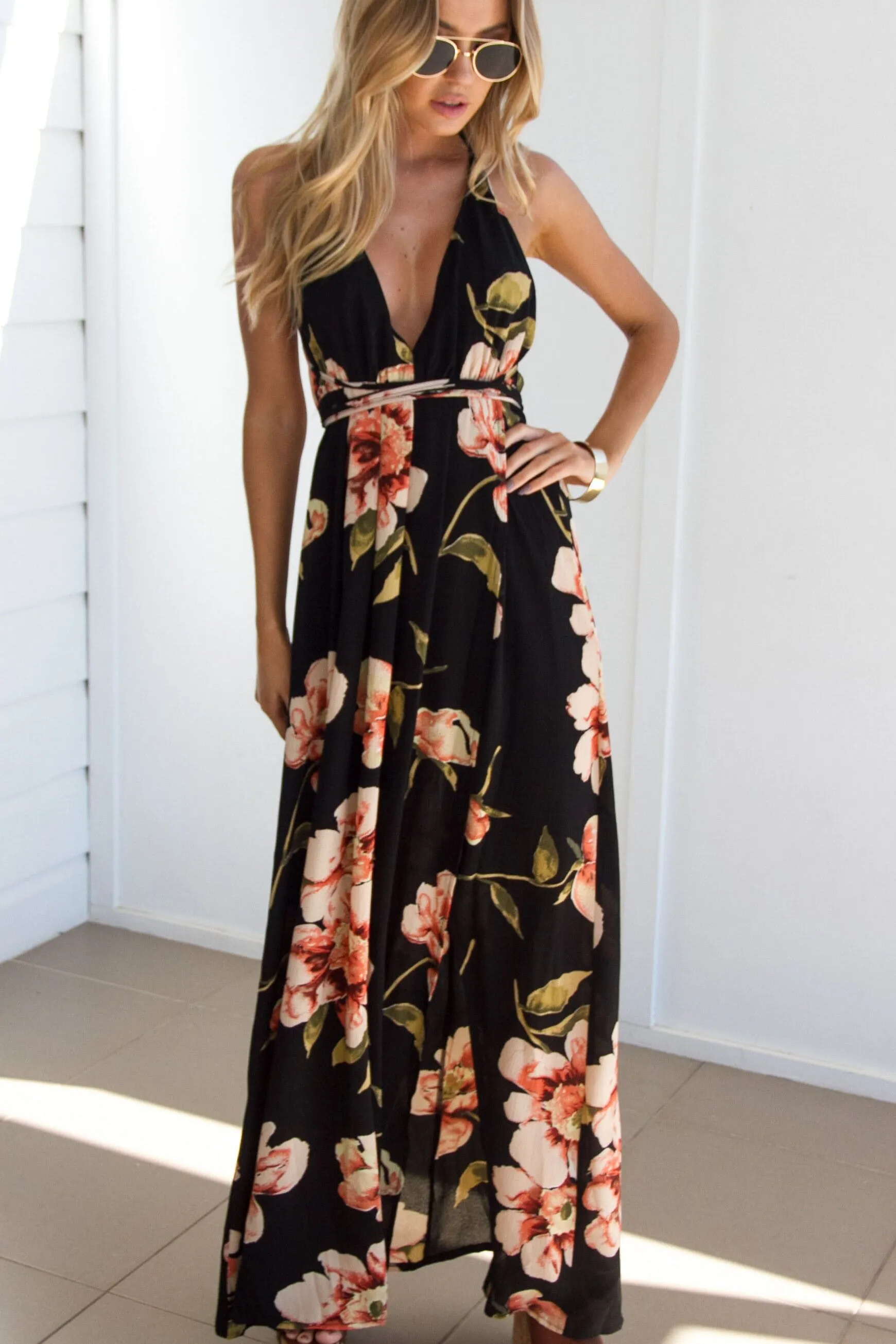 Flower Print V-neck Backless Sleeveless Long Dress