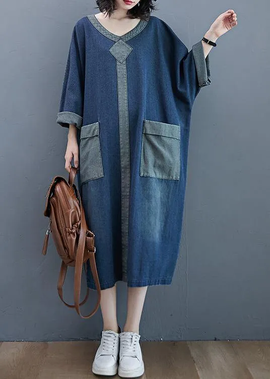 French O Neck Patchwork Spring Dresses Outfits Denim Blue Robe Dresses