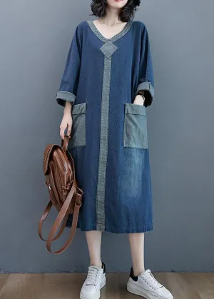 French O Neck Patchwork Spring Dresses Outfits Denim Blue Robe Dresses