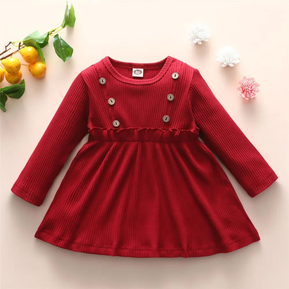 Girls Button Long Sleeve Solid Pleated Girls Wholesale Dresses