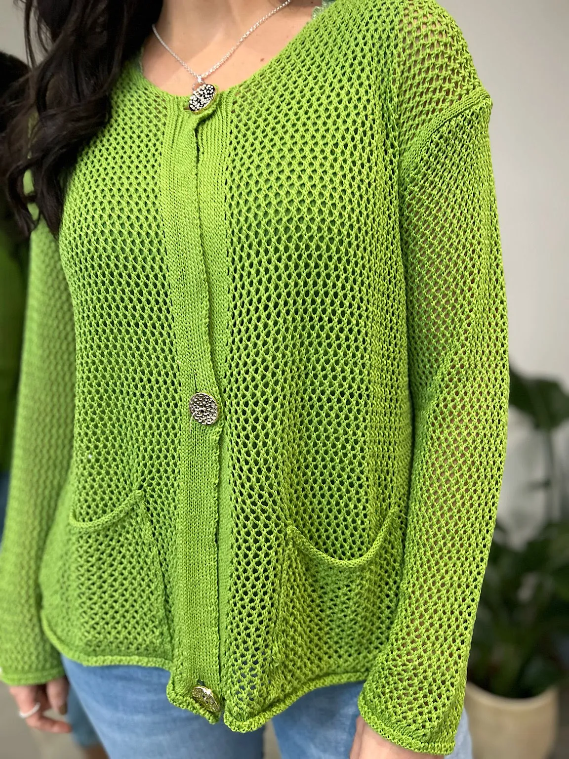 Green Pocket Loose Knit Cardi Janet