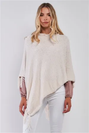 Ivory Chenille Knit Tassel Fringe Side Trim Hooded Poncho