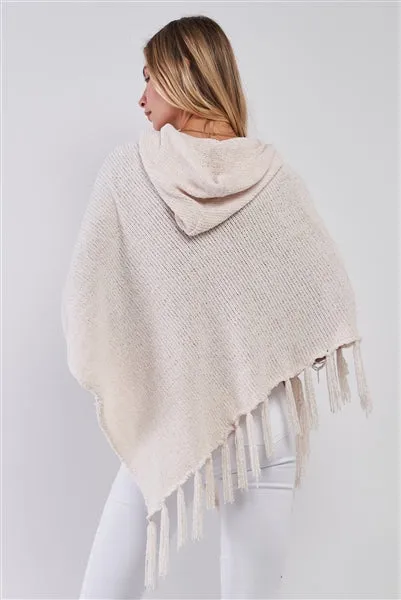 Ivory Chenille Knit Tassel Fringe Side Trim Hooded Poncho