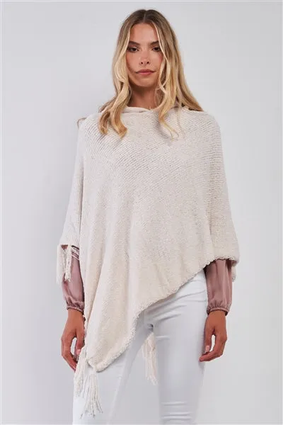 Ivory Chenille Knit Tassel Fringe Side Trim Hooded Poncho