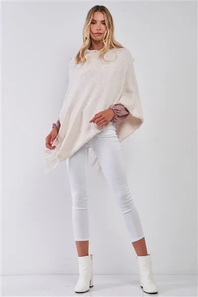 Ivory Chenille Knit Tassel Fringe Side Trim Hooded Poncho
