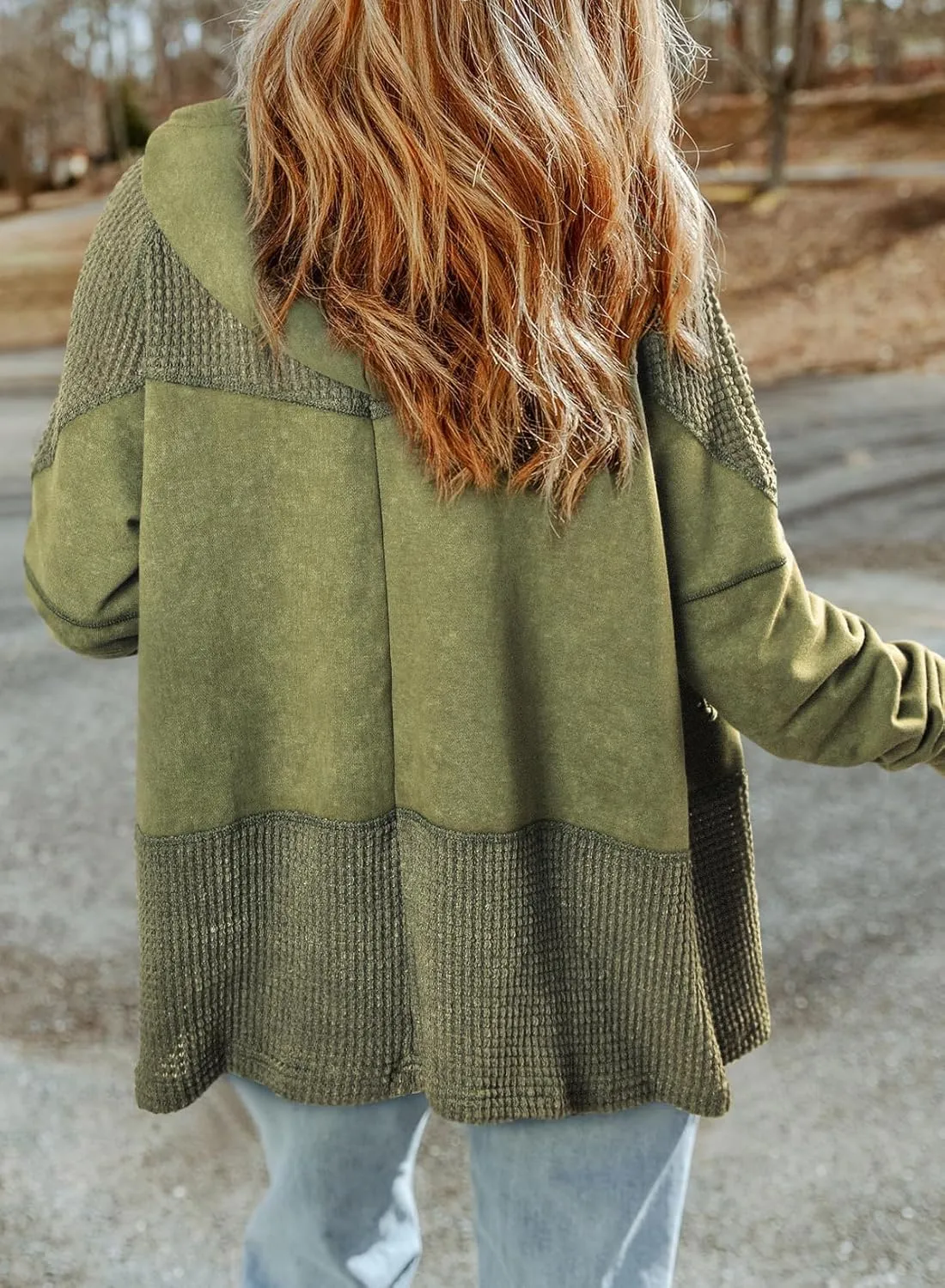 Jacket Women Waffle Knit Hoodies Zip Up Oversized Hoodie Shackets Drawstring Fall Casual Trendy Clothing Jackets