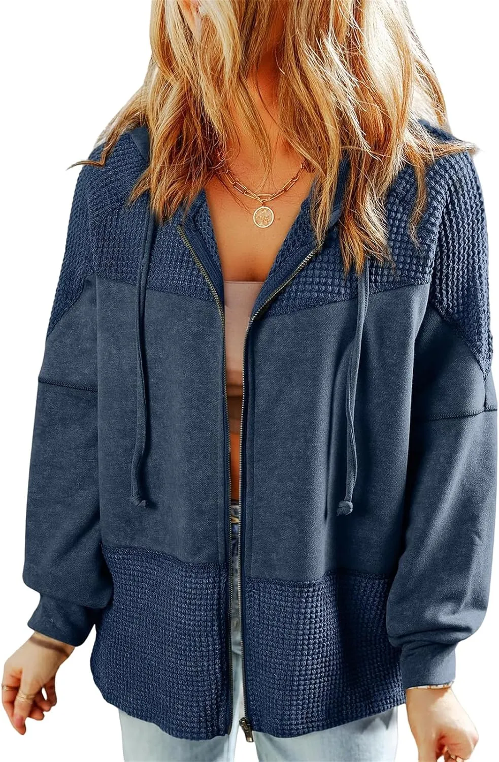 Jacket Women Waffle Knit Hoodies Zip Up Oversized Hoodie Shackets Drawstring Fall Casual Trendy Clothing Jackets
