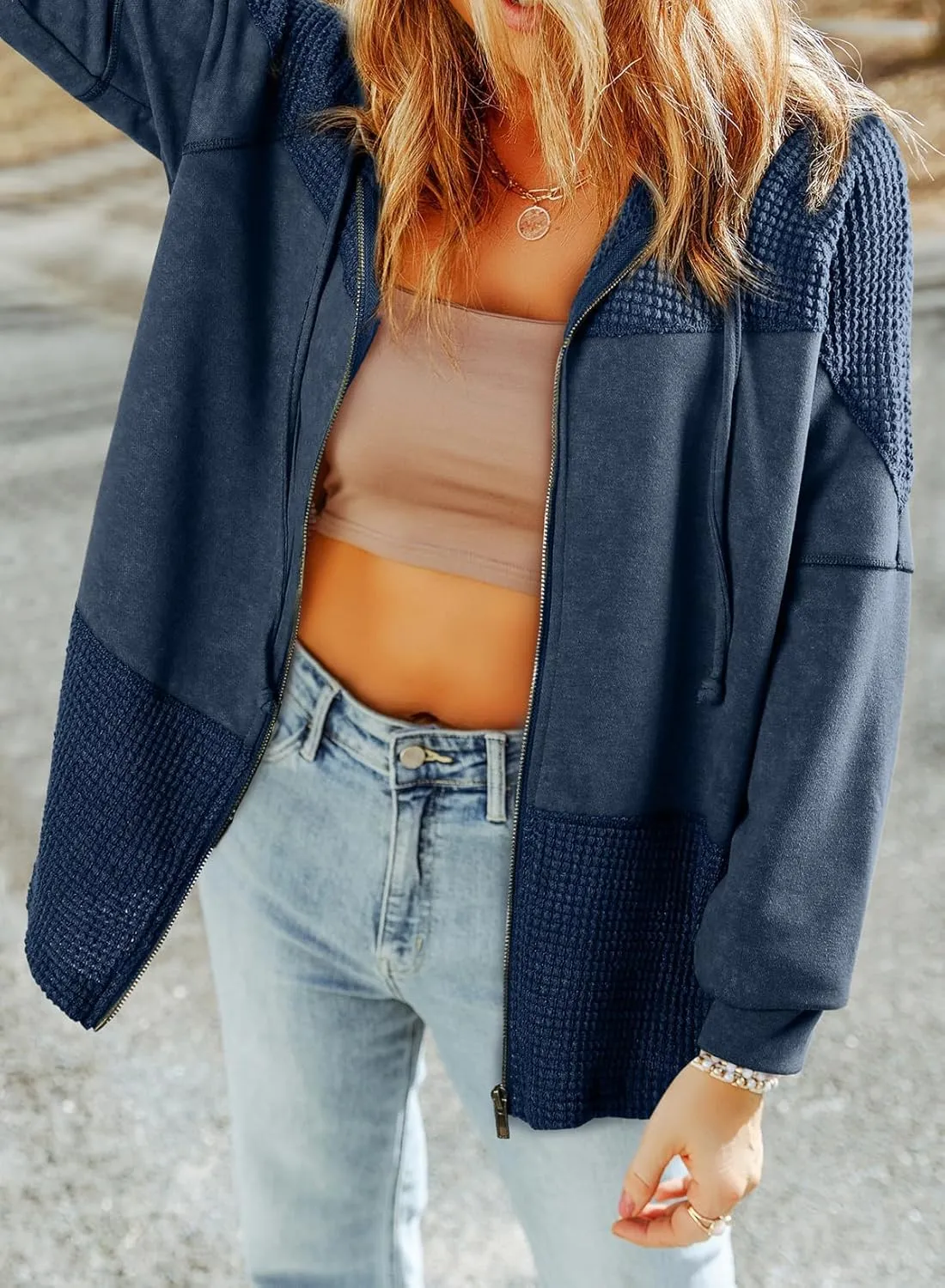 Jacket Women Waffle Knit Hoodies Zip Up Oversized Hoodie Shackets Drawstring Fall Casual Trendy Clothing Jackets