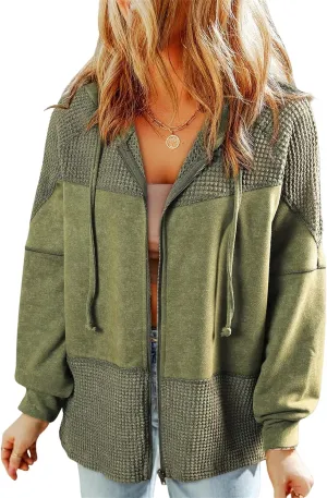 Jacket Women Waffle Knit Hoodies Zip Up Oversized Hoodie Shackets Drawstring Fall Casual Trendy Clothing Jackets