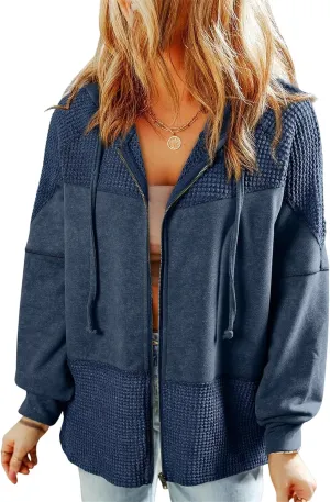 Jacket Women Waffle Knit Hoodies Zip Up Oversized Hoodie Shackets Drawstring Fall Casual Trendy Clothing Jackets
