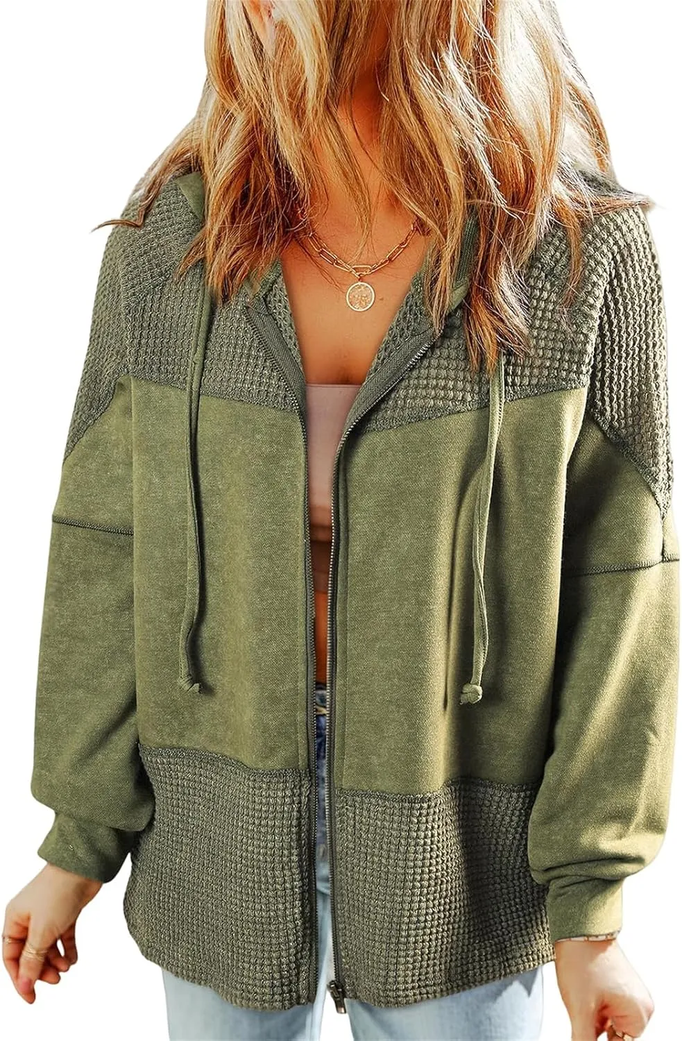 Jacket Women Waffle Knit Hoodies Zip Up Oversized Hoodie Shackets Drawstring Fall Casual Trendy Clothing Jackets