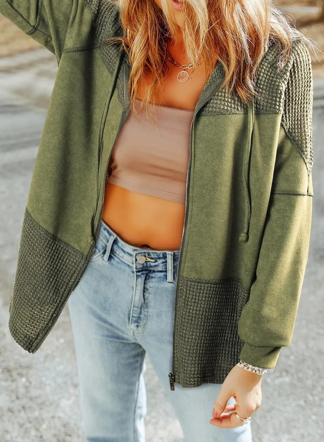 Jacket Women Waffle Knit Hoodies Zip Up Oversized Hoodie Shackets Drawstring Fall Casual Trendy Clothing Jackets