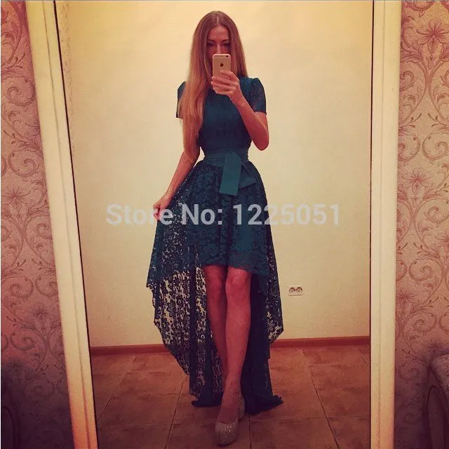 Lace Short Sleeves Low High Short Dress