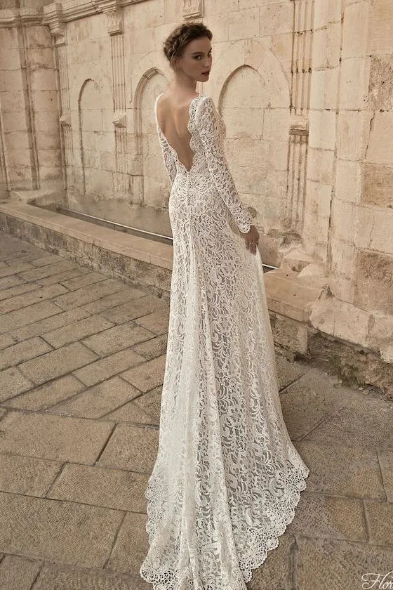 Lace Transparent Deep V-neck Long Sleeves Floor-Length Dress